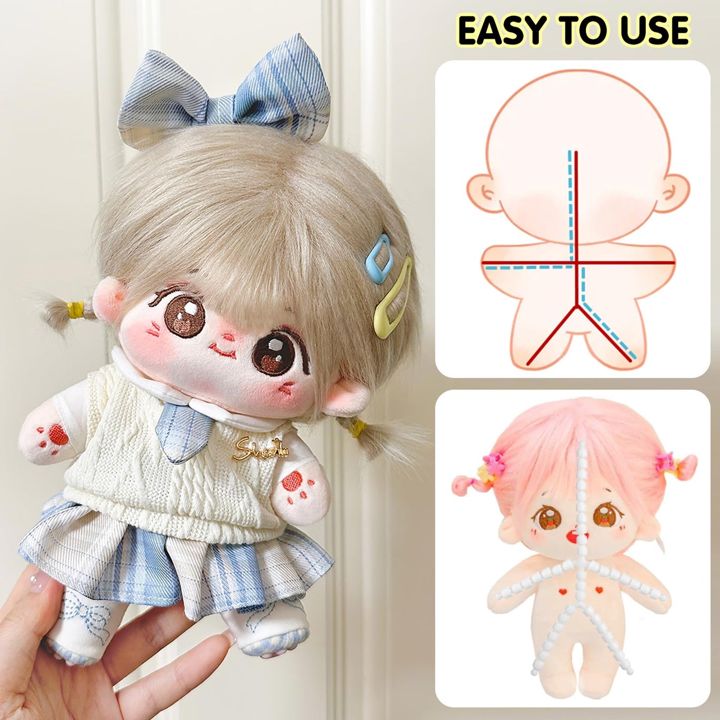 TEHAUX Doll Armature Set with X Y Connectors, Adjustable Ball Socket Joints for Stuffed Animal Bear Dolls Making, Moveable Plastic Body Figure Frame for DIY Craft (White)