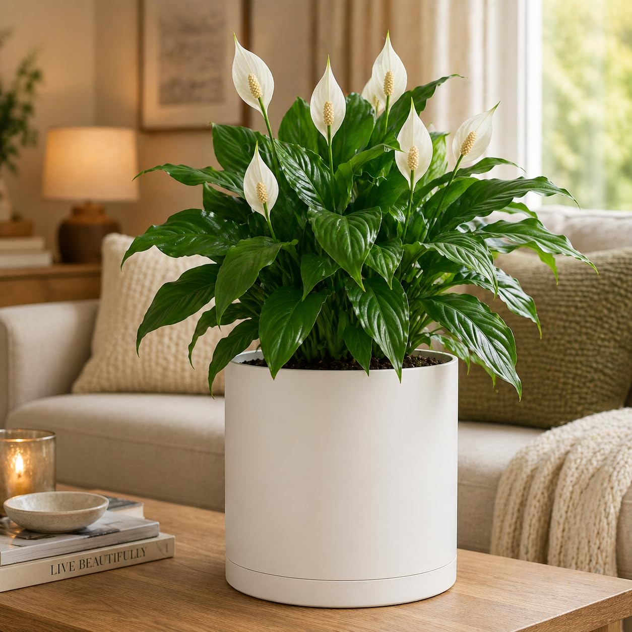 Giraffe Creation 14-Inch Round Cylinder Plant Pot, Modern Indoor/Outdoor Planter with Drainage Hole, Saucer & Water Reservoir, White