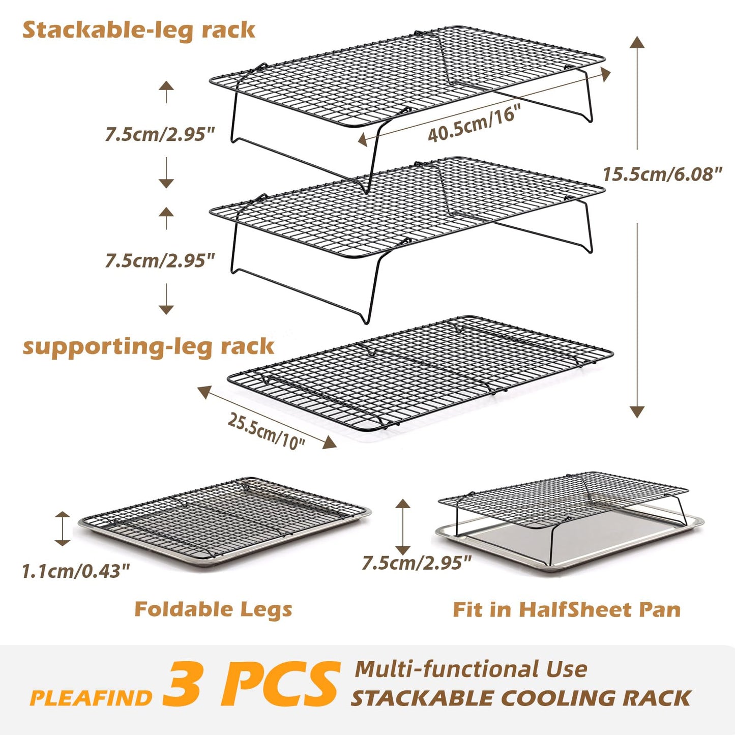 Pleafind 3 PCS Stackable Cooling Rack -16 x 10 Inch Wire Rack, Heavy Duty Stainless Steel Baking Racks, Cooling Racks for Cooking and Baking Cookie Pizza Cake, Oven and Dishwasher Safe