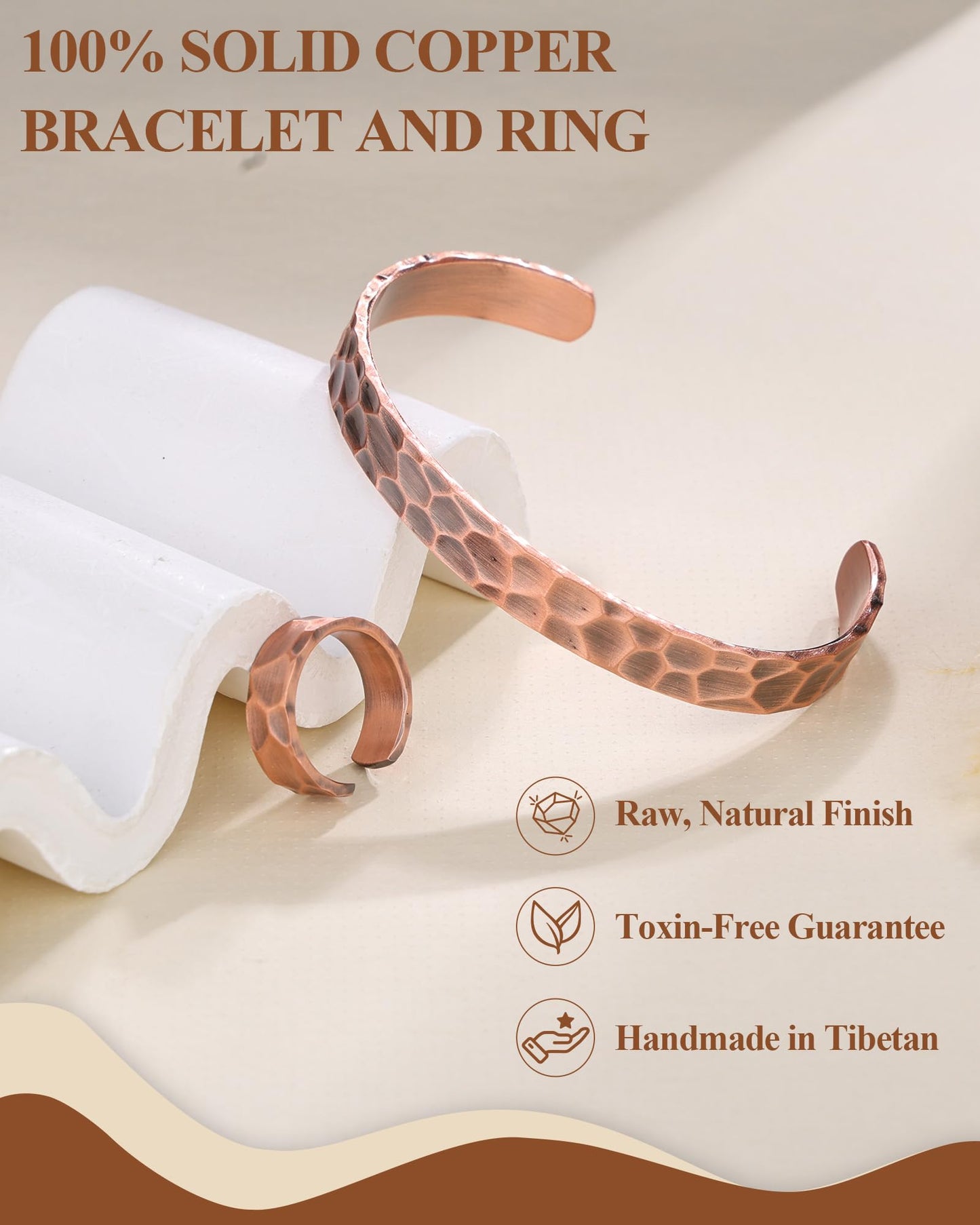 Fashtour Pure Copper Bracelet and Ring Set – Copper Bracelet for Men & Women – 100% Solid, Raw & Uncoated Handmade Hammered Tibetan Cuff Bangle (copper079)