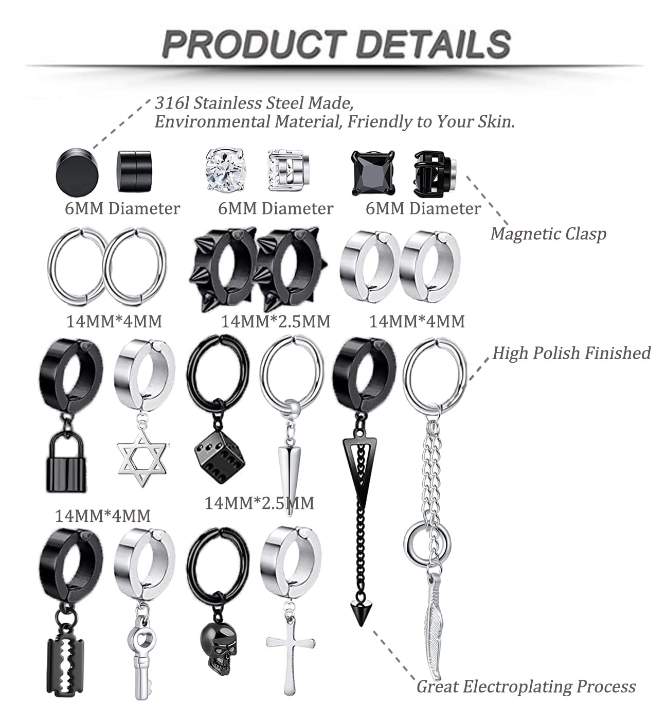YOVORO 22Pcs Stainless Steel Non Pierced Earrings for Men Women Non-piercing Stud Earrings Dangle Hoop Earrings Clip On Earrings Punk Huggie Earrings Set Silver