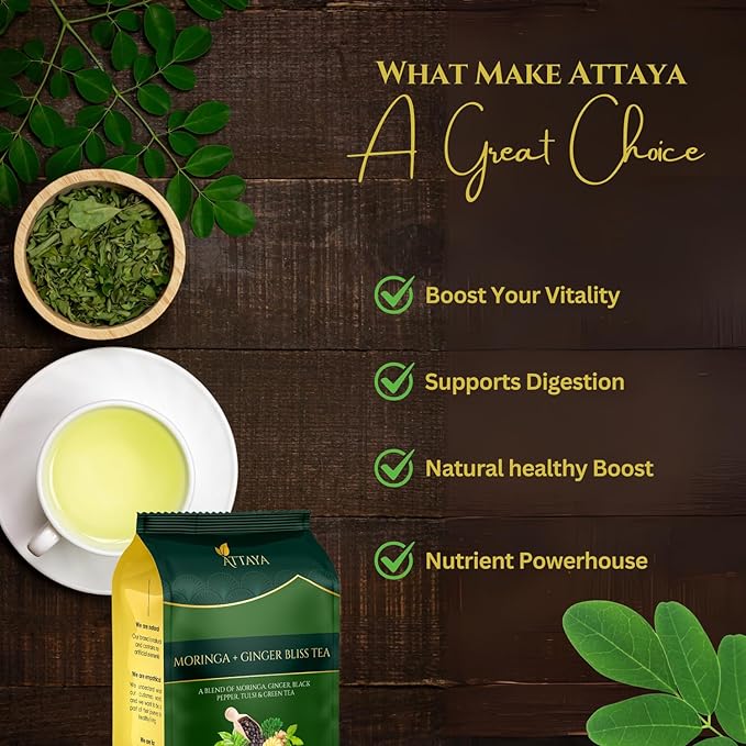 Attaya Moringa Ginger Bliss Tea – 100 Pyramid Bags | Antioxidant Superblend for Energy, Metabolism & Immunity | Moringa • Ginger • Tulsi • Black Pepper • Green Tea