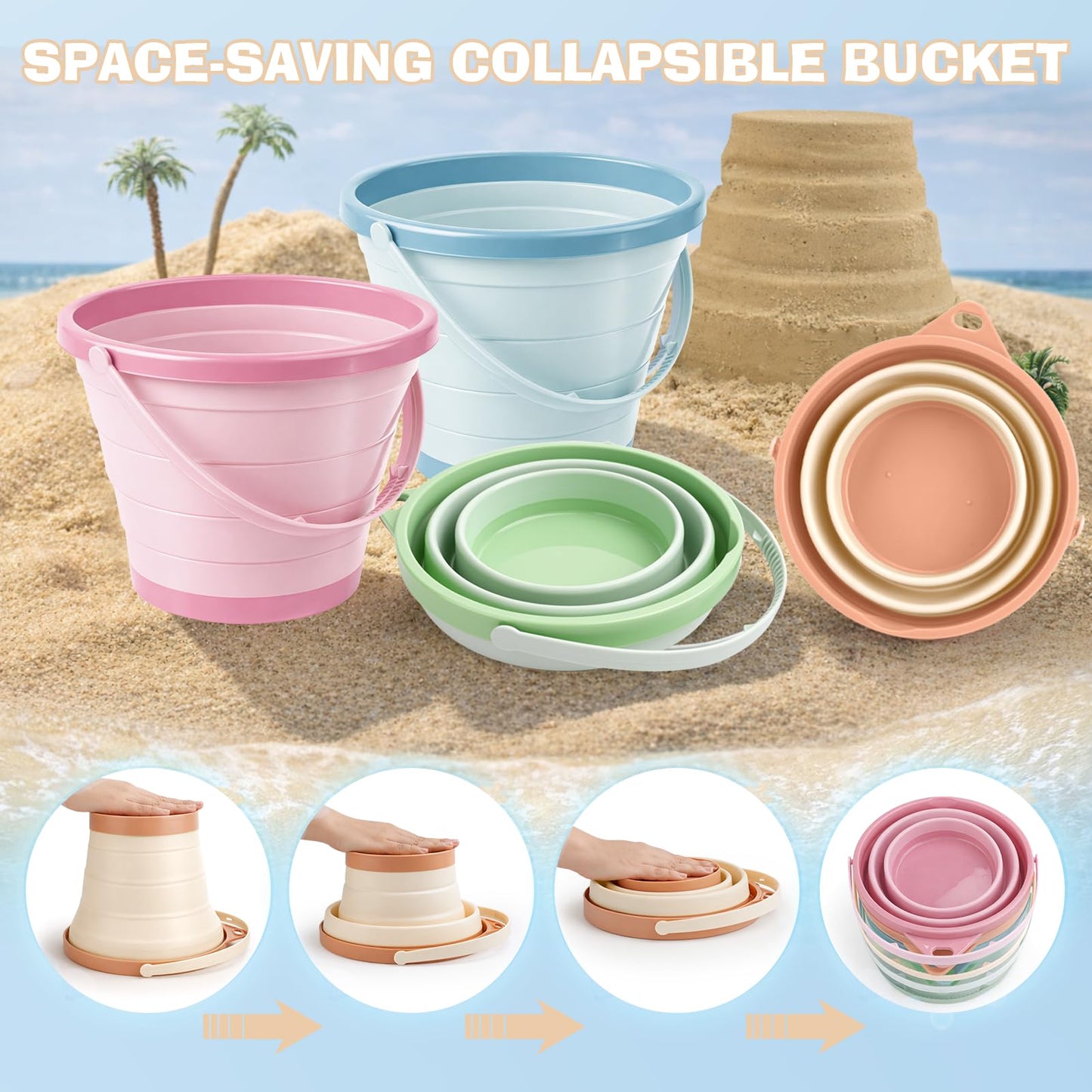 Dreamon Beach Toys, 4 Pack Collapsible Sand Buckets for Kids, Shovels & Rakes Set with Mesh Bag, Kids Beach Essentials Sandcastle Building Kit for Beach Trip Outdoor Play and Summer Fun