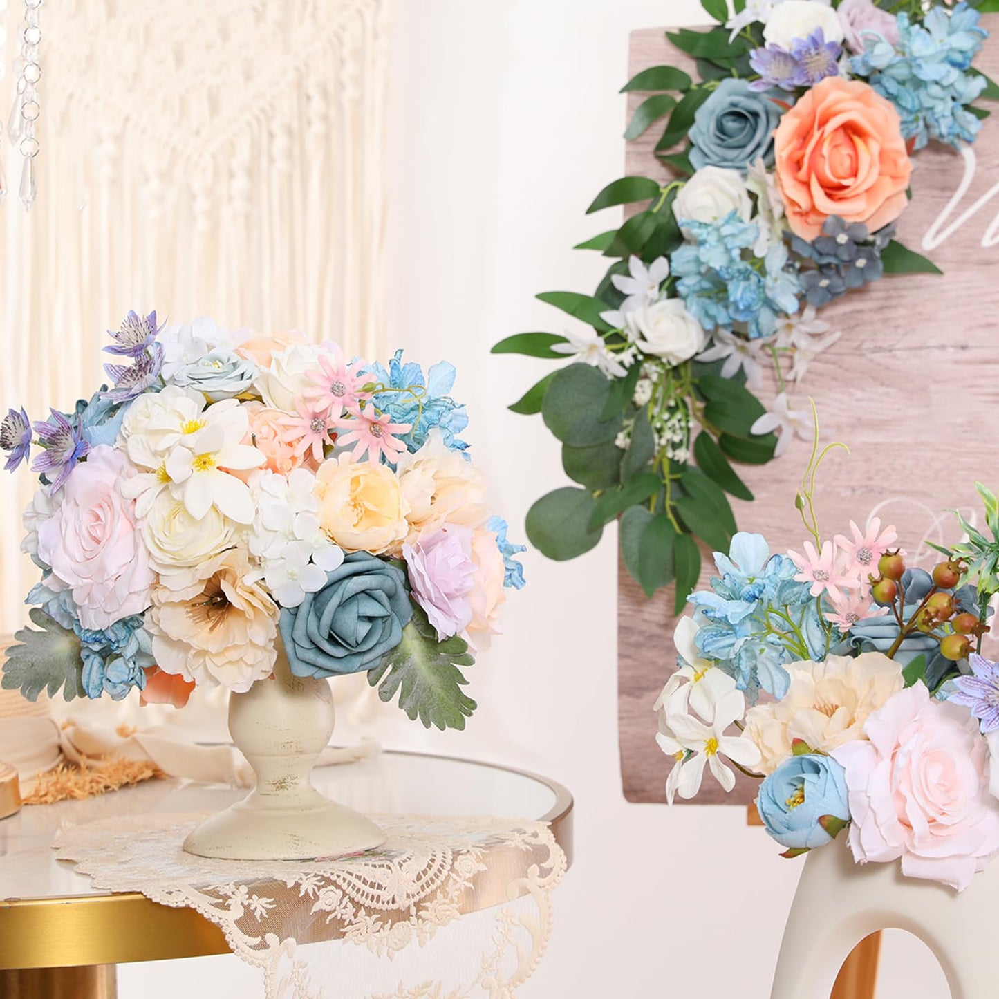 Garisey Artificial Flowers Combo for DIY Wedding Bouquets Combo Centerpieces Arrangements Party Bridal Baby Shower Home Decorations-Blue&White
