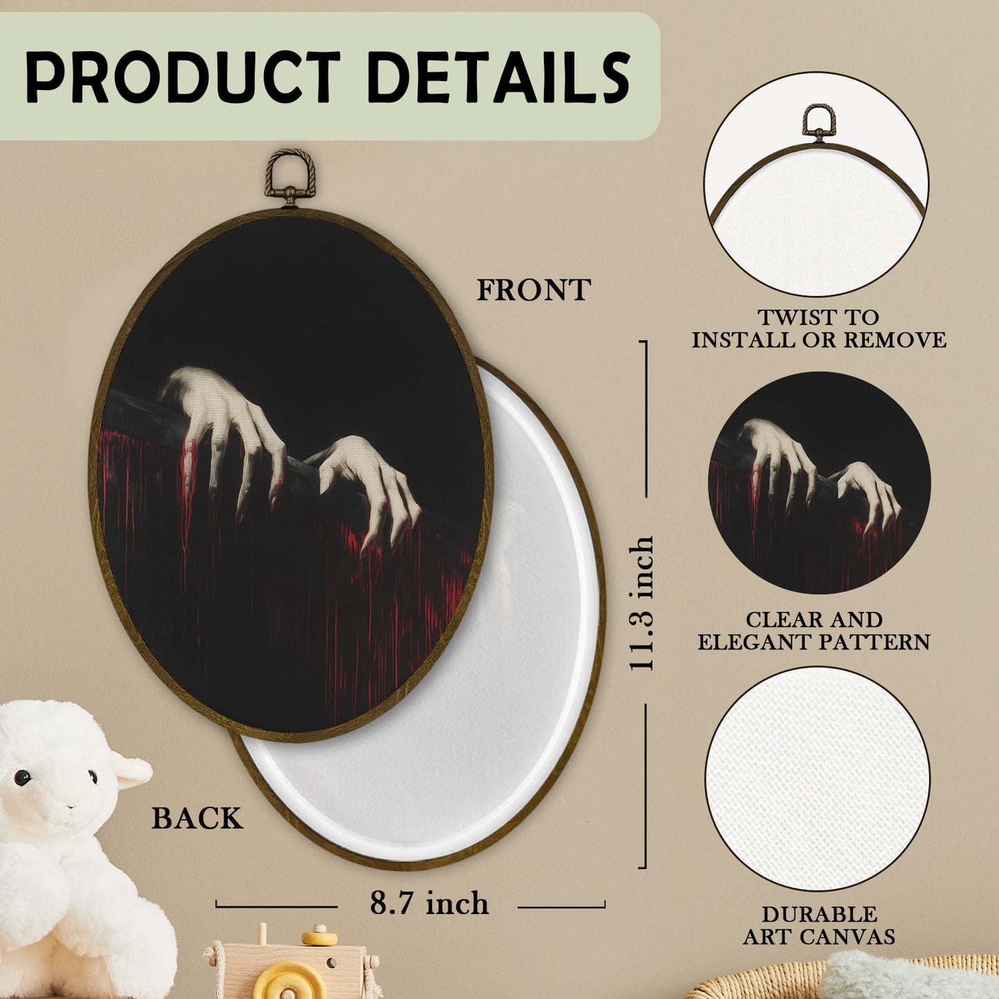 cvjutf Gothic Dark Academia Vampire Wall Art Decor Framed, Moody Goth Halloween Horror Creepy Oval Wall Decor, Witchy Spooky Clawed Hand Canvas Prints Art for Home Bedroom Living Room, 8.7x11.3 Inch