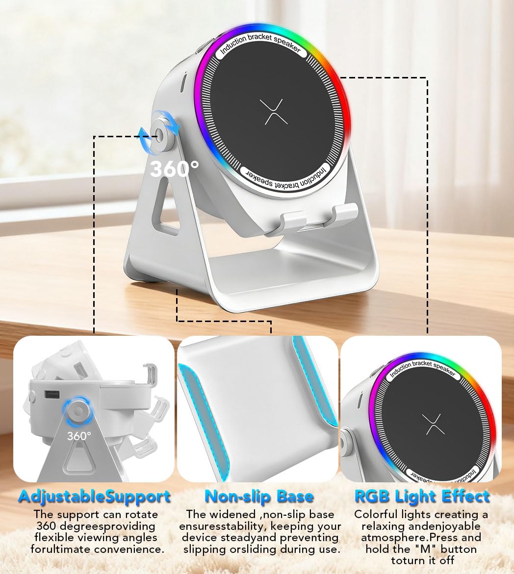 NIIFAWH Bluetooth Speaker, 4-in-1 Wireless Induction Speaker & RGB Light Stand Multi-Functional Phone Stand Instant-Connect Stereo Sound, 360° Adjustable Holder for iPhone/Android/iPad/Samsung (Weiß)
