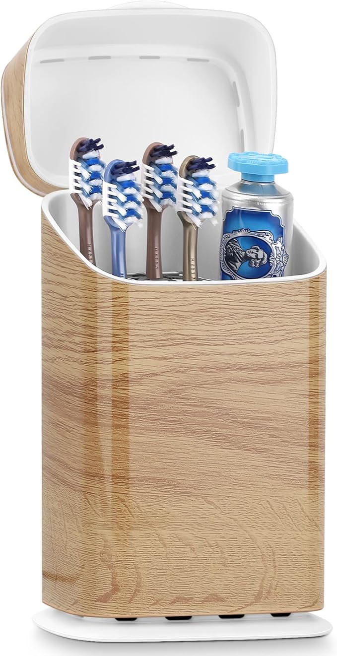 Toothbrush Holders with Cover - 5 Slots Toothbrush and Toothpaste Holde Kids Tooth Brush Holder for Bathroom, Detachable Bathroom Sink Organizer countertop, Wood