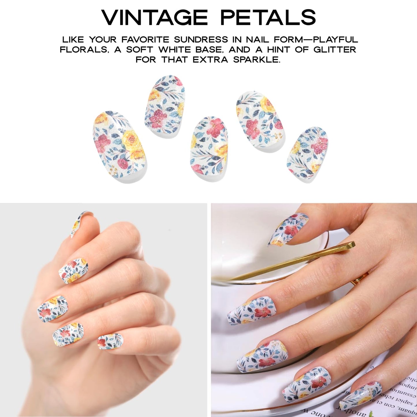 Adora Couture Semi Cured Gel Nail Strips with 20 Pieces - UV Gel Stickers, Manicure Kit, Easy Application Wraps Includes Prep Pads, Nail File, Wooden Stick - UV Light Required (M Vintage)