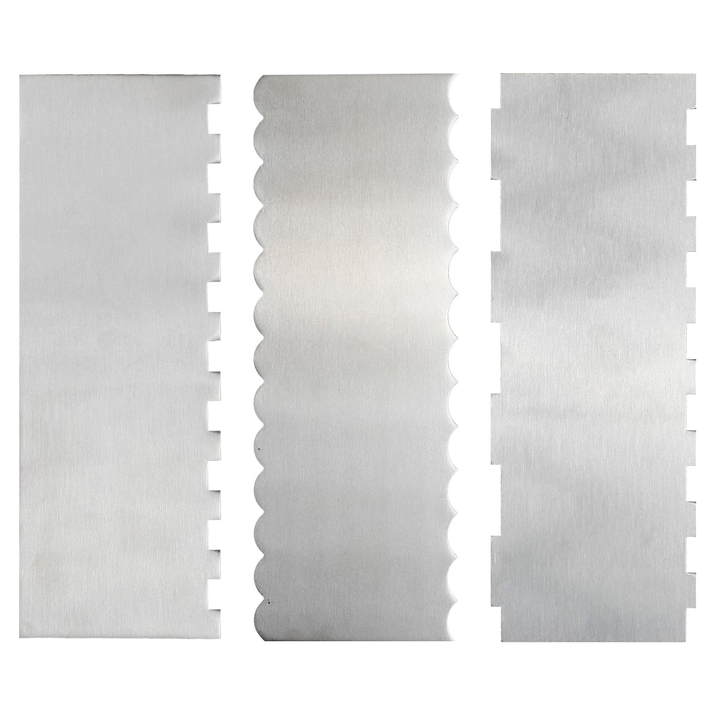 3 Piece Stainless Steel Cake Scraper, Metal Cake Smoother with Sided Patterned Edge, Double-Sided Design for Cake Decorating