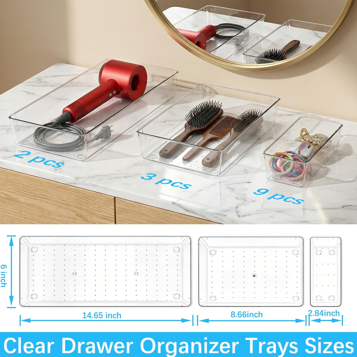 14 Pcs Clear Plastic Drawer Organizer Tray with 2 Pcs 15"x6" Extra Large Trays, Multi-Purpose Storage Bins for Vanity, Makeup, Kitchen Utensils, Bathroom, Office Desk, Auto Tools & Craft Supplies