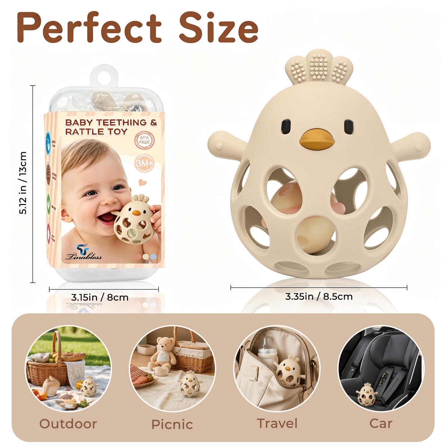 Tinabless 2-in-1 Baby Teether Rattle Toy, Easy Grip Silicone Teething Toy for Babies 3-12 Months, BPA-Free Sensory Chew Toy for Sore Gums, Infant Shower Gift (Beige w/Rattle)