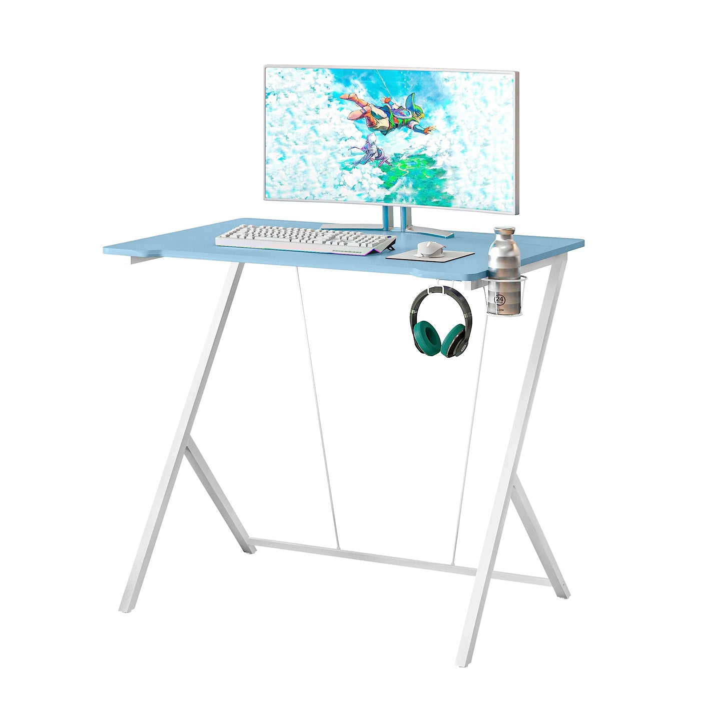 Techni Mobili Blue Gaming Desk - Small Gaming Desk with Cup & Headphone Holder - 31.5" Wide Blue Laminated Desktop Surface with Back Cable Management Opening - Student Desk for Bedroom