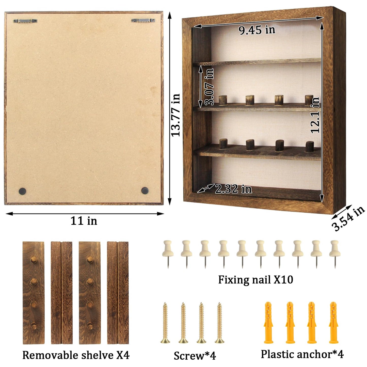 YEPOTUE Shadow Box Frame 11x14, Deep Shadow Box Display Case with Linen Back and Removable Shelves, Wooden Memory Box for Wedding Bouquet, Photos, Medals, Keepsakes (Brown)