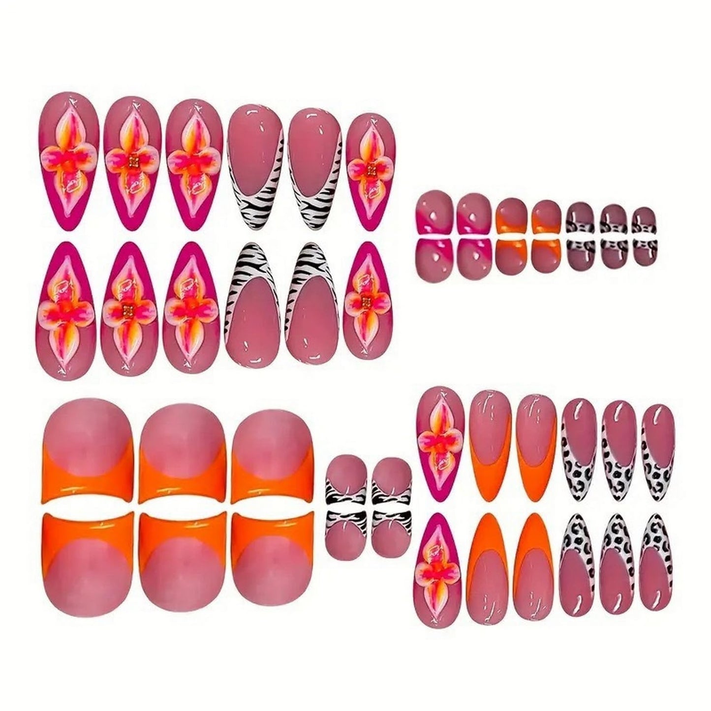 48 Pcs Flower Press on Nails Almond Medium & Press on Toenails Set Orange French Tip Fake Nails with 3D Floral Design Square Short False Toe Nails Kit Glossy Full Cover Acrylic Nails for Women