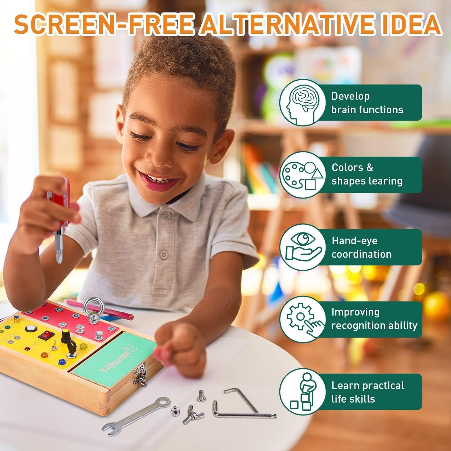 Tilhumt Busy Board with LED Light, 2-in-1 Montessori Screwdriver Board Set with 6 LED Light Switches, Toddler Montessori Switch Fidget Board with Lockable Toolbox, Travel Activity Toys for Outdoor