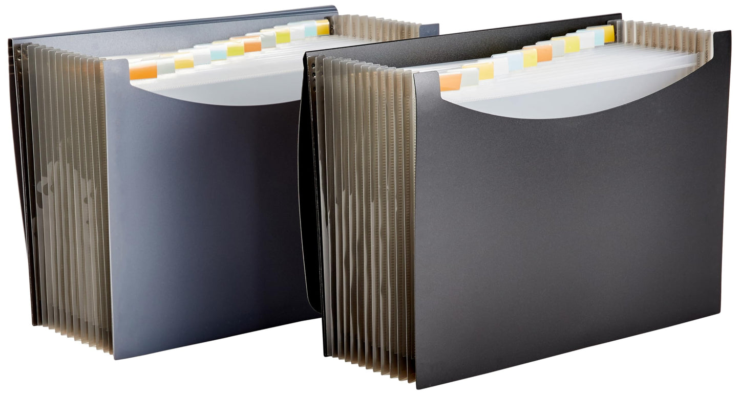 Amazon Basics Expanding Organizer File Folder for Documents, Letter Size, 13 Pockets, Waterproof, Black & Gray, 2-Pack