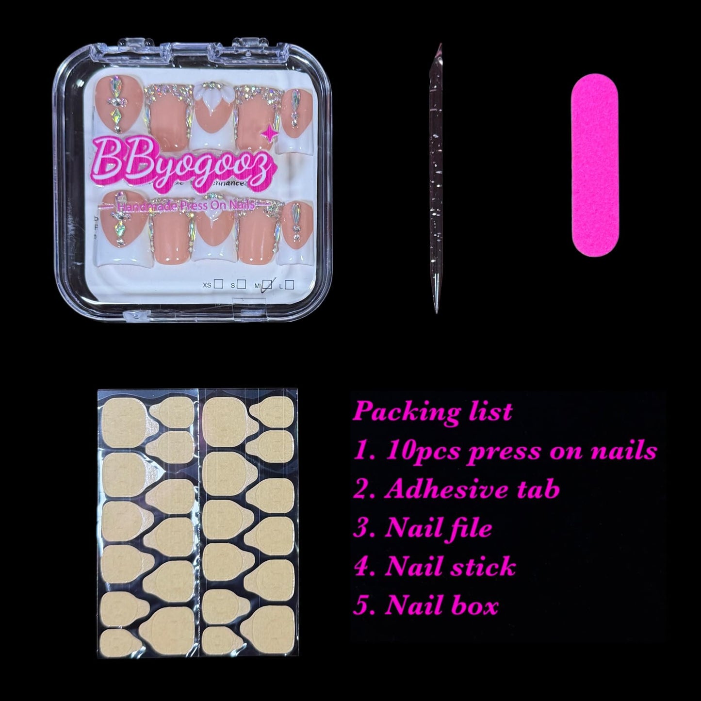 Handmade Press On Nails, Short Medium Duck Shape, Nude White French Tip with 3D Flower and Crystal Rhinestones, Luxury Glue On Fake Nails (M)