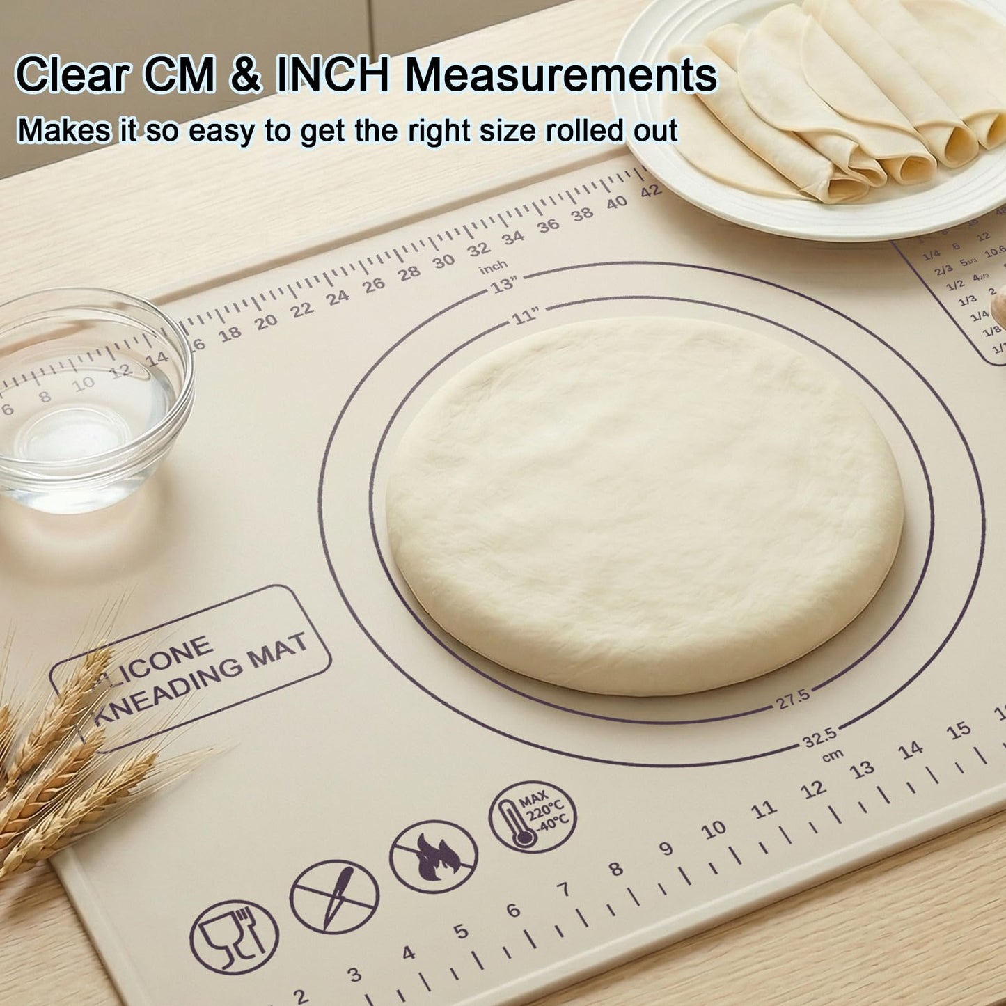 Silicone Pastry Mat 28" x 20" Extra Thick Silicone Baking Mat with Measurements and Edge Heightening Non-stick Food Grade Dough Rolling Mat Kneading Sheet for Pastry, Bread, Cookies (Beige)