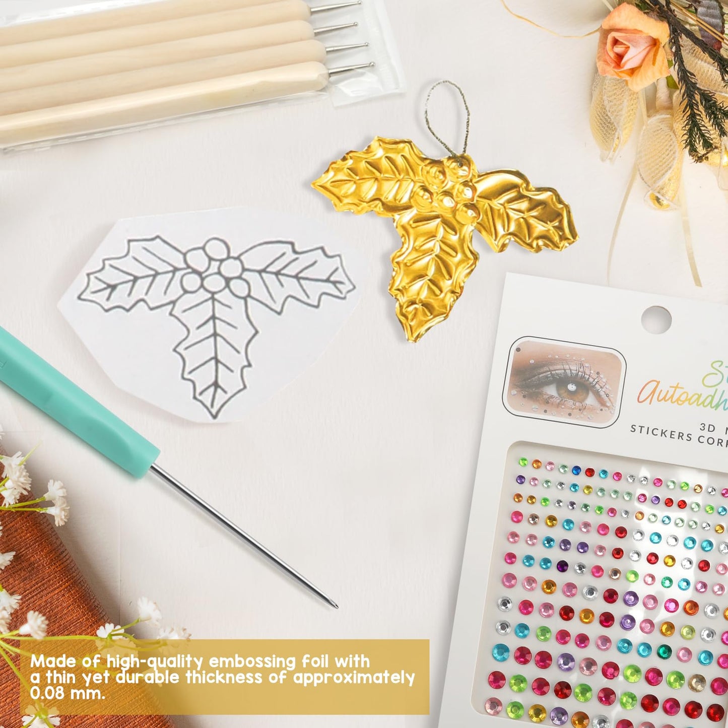 15PCS Gold Leaf Sheets Art Craft Kit, Gold & Silver Aluminum Sheets with Engraving Tools Copper Wire Pcsgem Stickers for Painting Gilding Crafting Decoration, 7.9 X 11.8 Inches (Gold)