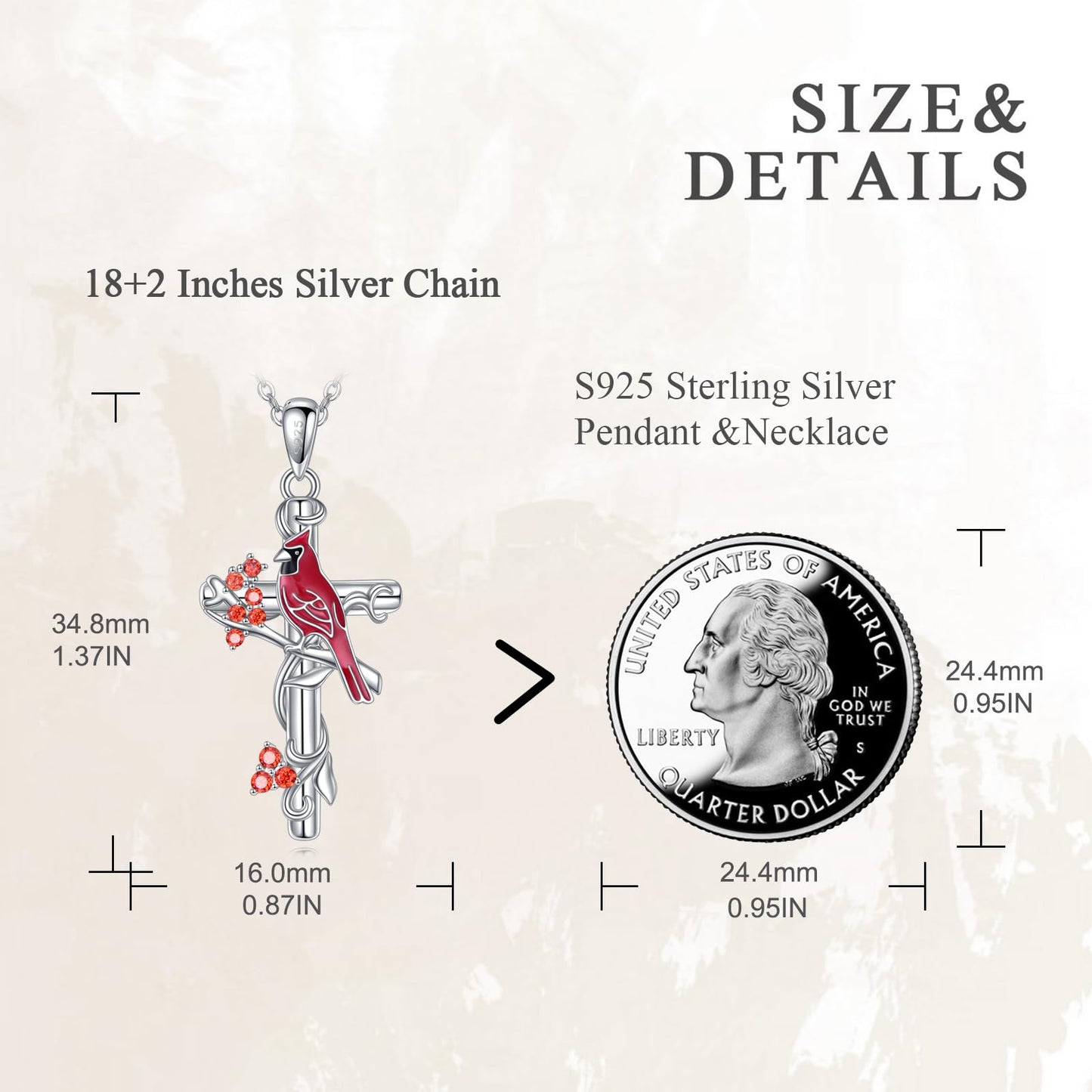VONALA Cardinal Cross Necklace 925 Sterling Silver Red Bird Pendant Jewelry Gift for Women
