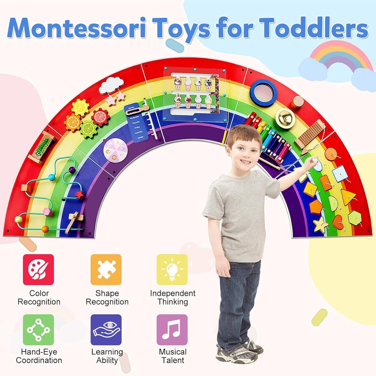 Sinpedex Rainbow Wall Busy Board for Kids: Wooden Montessori Activity Panel | 13-in-1 Sensory Learning Toys for Fine Motor Skills - Playroom & Nursery Essentials for Toddlers