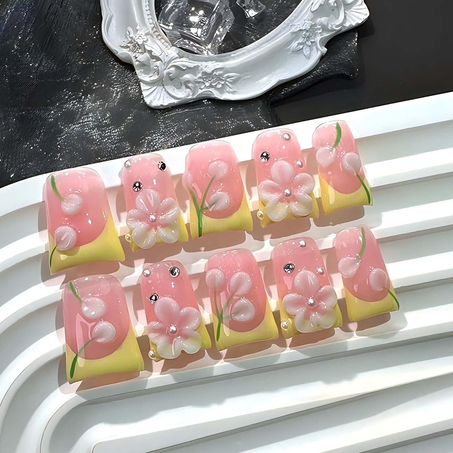 Gleamrain Pink Press on Nails Handmade Duck Glue on Nails Yellow French Tip with 3d Flower Design Elegant for Women for Spring 10pcs M Size Pattern 1105
