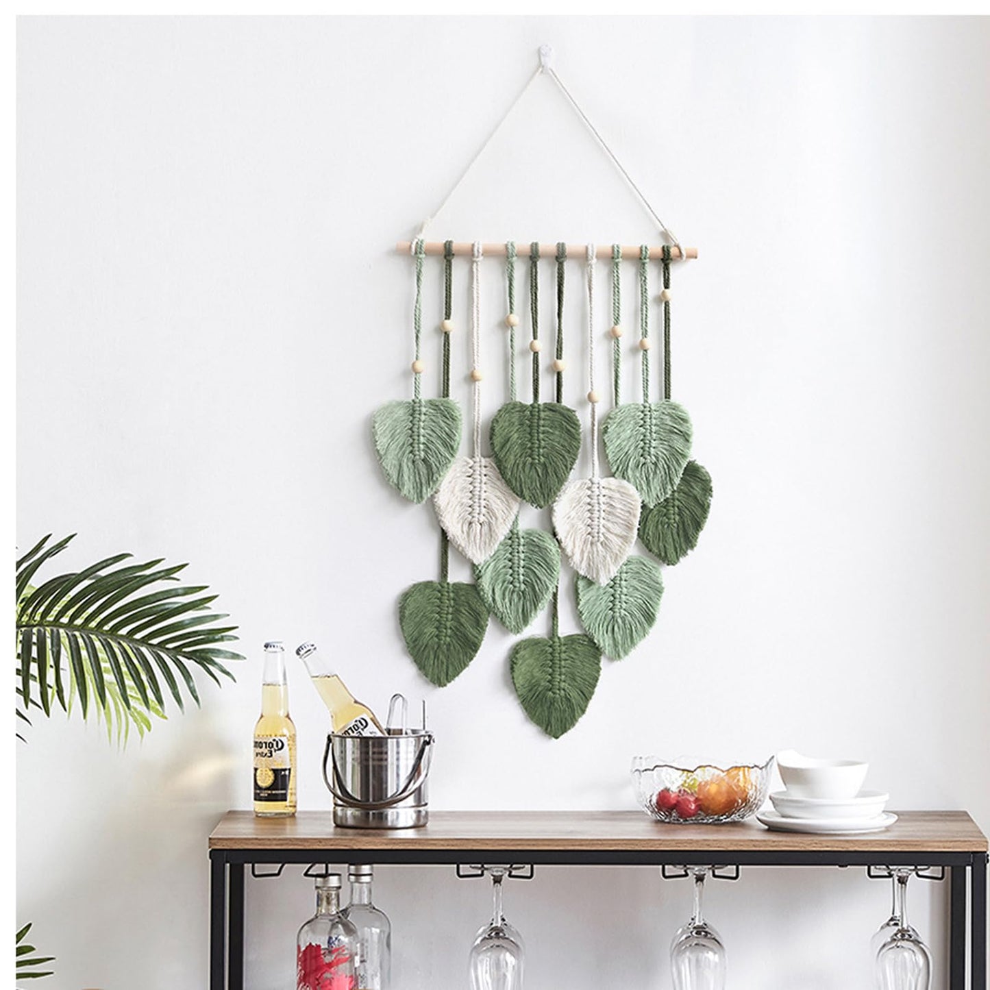 MSFENG Wall Hanging Decor Leaves Tapestry Boho Wall Decor Woven Feather Handmade Yarn Tassels Woven Wall Art Decorations for Nursery, Bedroom, Living Room, Apartment Home Backdrop (LightGreen)