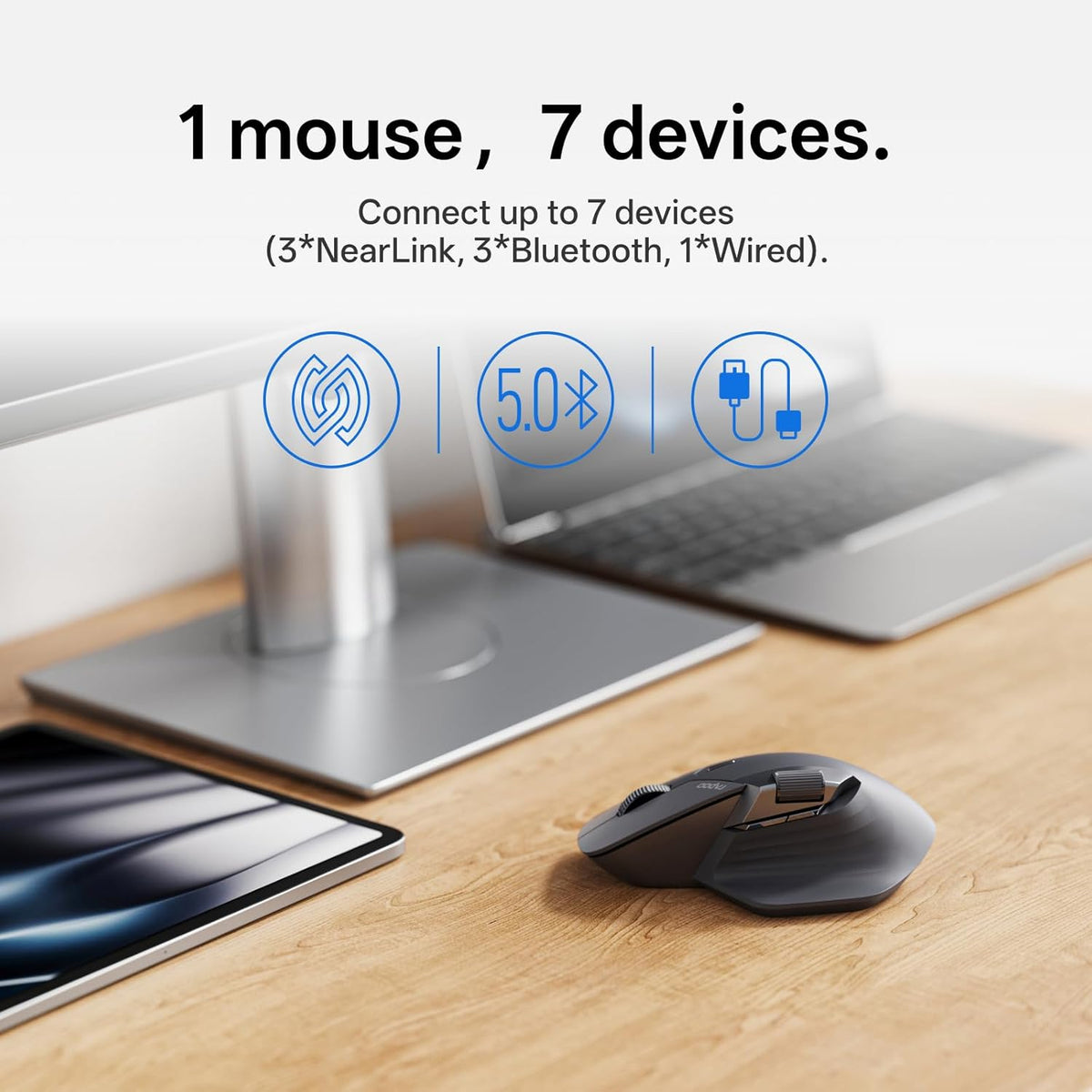 Rapoo MT760 PRO Wireless Mouse, NearLink + Bluetooth 5.0 Multi-Device, 12K DPI, 2K Polling, Ergo for Work & Gaming, 11 Programmable Buttons, On-Board Memory, Quiet Clicks, USB-C, 120 Days Battery Life