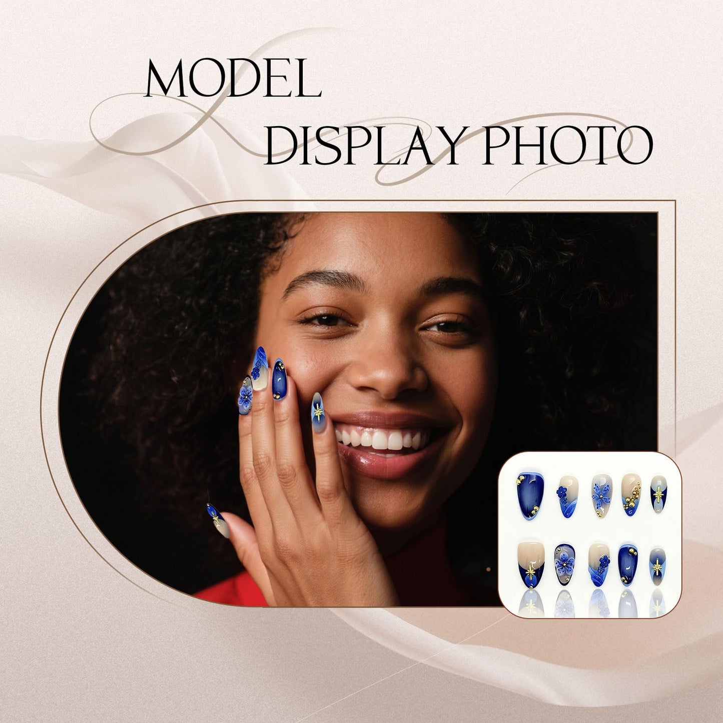 Reusable Press On Nails for Women & Girls - Short Almond Shape, Green Gradient with 3D Hand-Sculpted Florals, Holiday Party Manicure (A-Dark Blue Short, L)