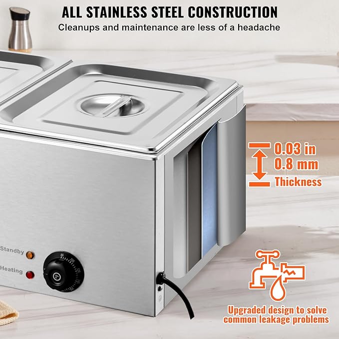 VEVOR 110V 2-Pan Commercial Food Warmer 1200W Electric Steam Table 15cm/6inch Deep Stainless Steel Bain Marie 24 Quart for Buffet Catering, Silver