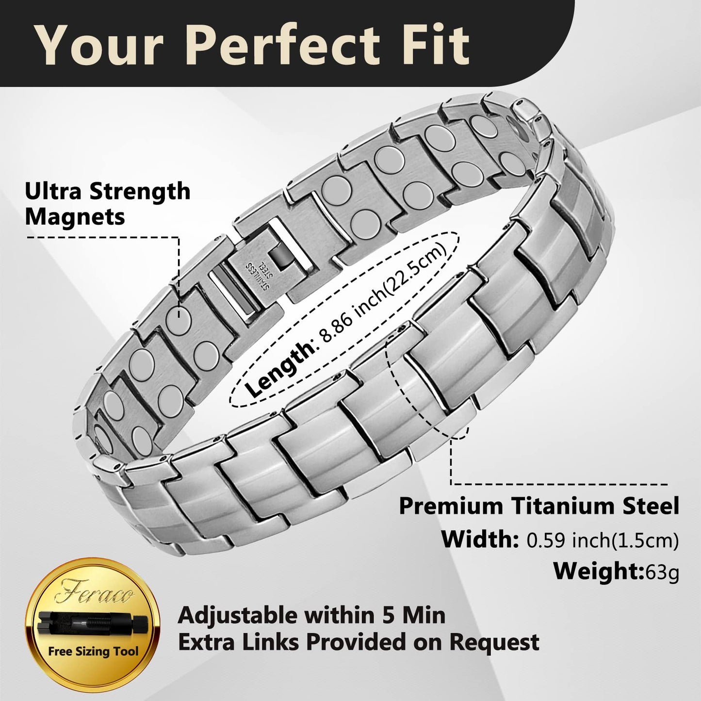 Feraco Magnetic Bracelet for Men Titanium Steel Bracelets with Double Row Magnets Adjustable (Silver)