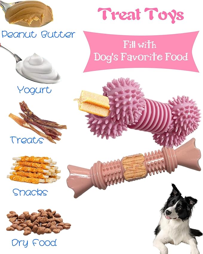 Cdyzqikm 4 Pack Teething Toys Dog Durable Chew Toys Soft Rubber Toy Dog Teeth Cleaning Toothbrush Toy Cute Interactive Toys for Medium Large Breed(Medium,Pink)