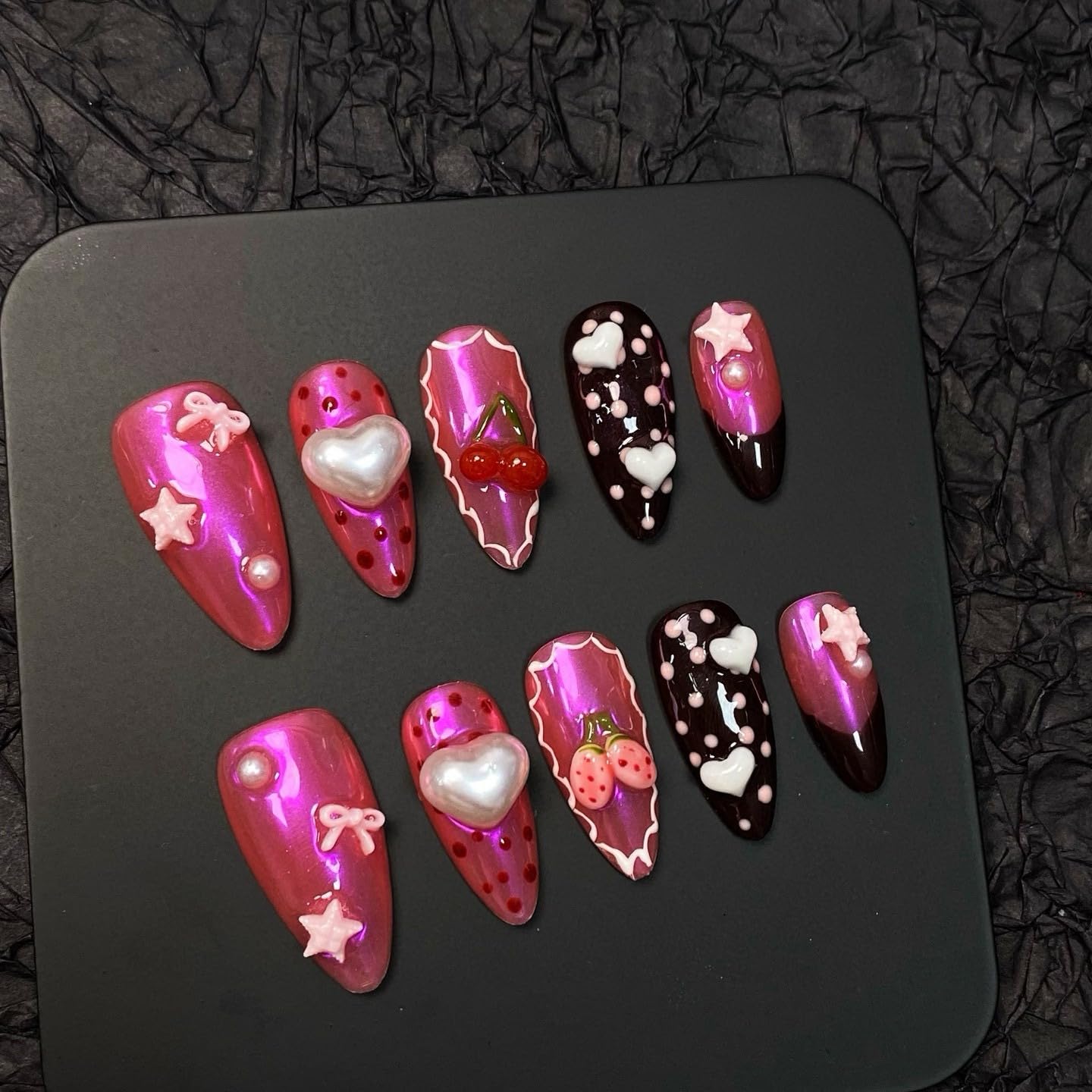 Handmade Press on Nails for Women - Medium Almond 3D Thick Acrylic Reusable Fake Nails with Designs Summer Floral Boho Funky Tropical Cute Nail-art Set 10pcs,chrome-pink,M