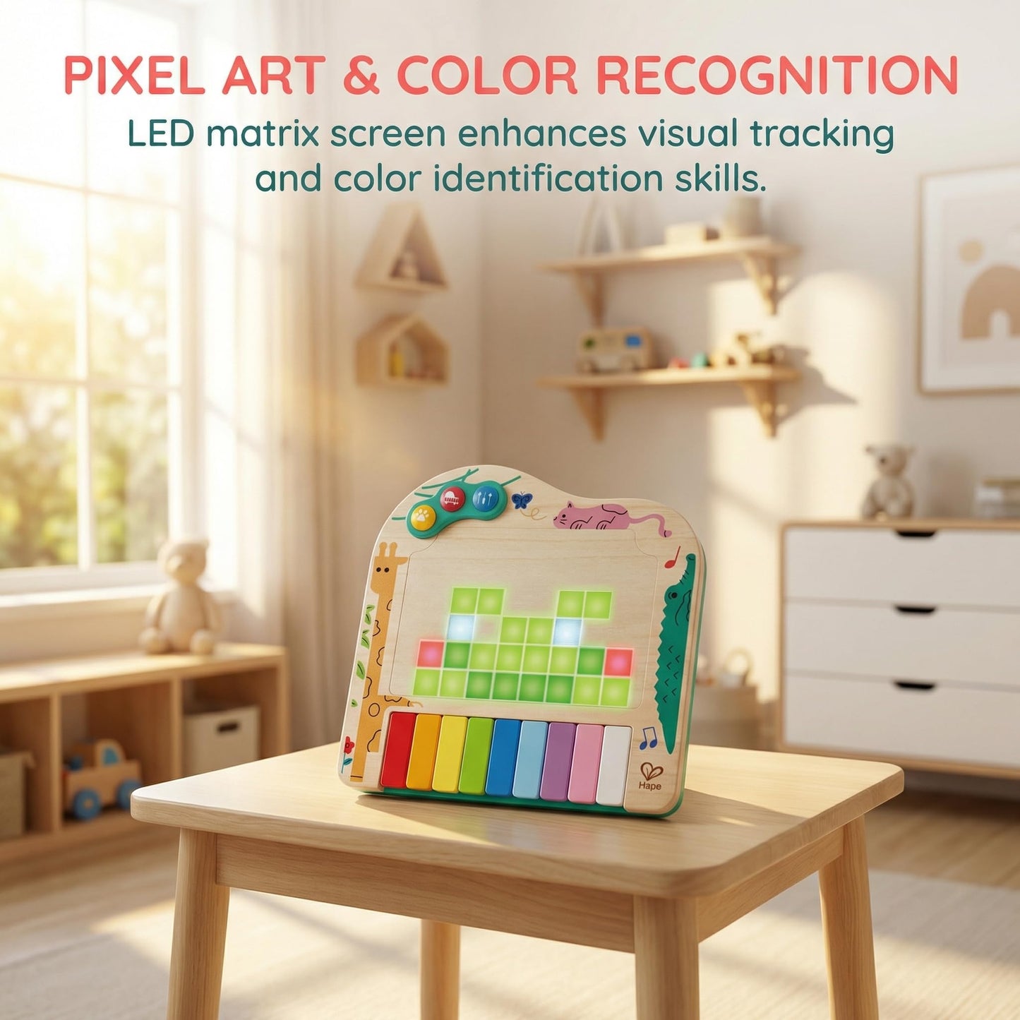 Hape Dynamic Pixel Piano - 3-in-1 Interactive Wooden Piano Toy for Toddlers Age 1-6, Musical Sensory Toy with LED Pixel Art Screen, Guided Melodies & Animal Sounds, Early Learning Educational Gift