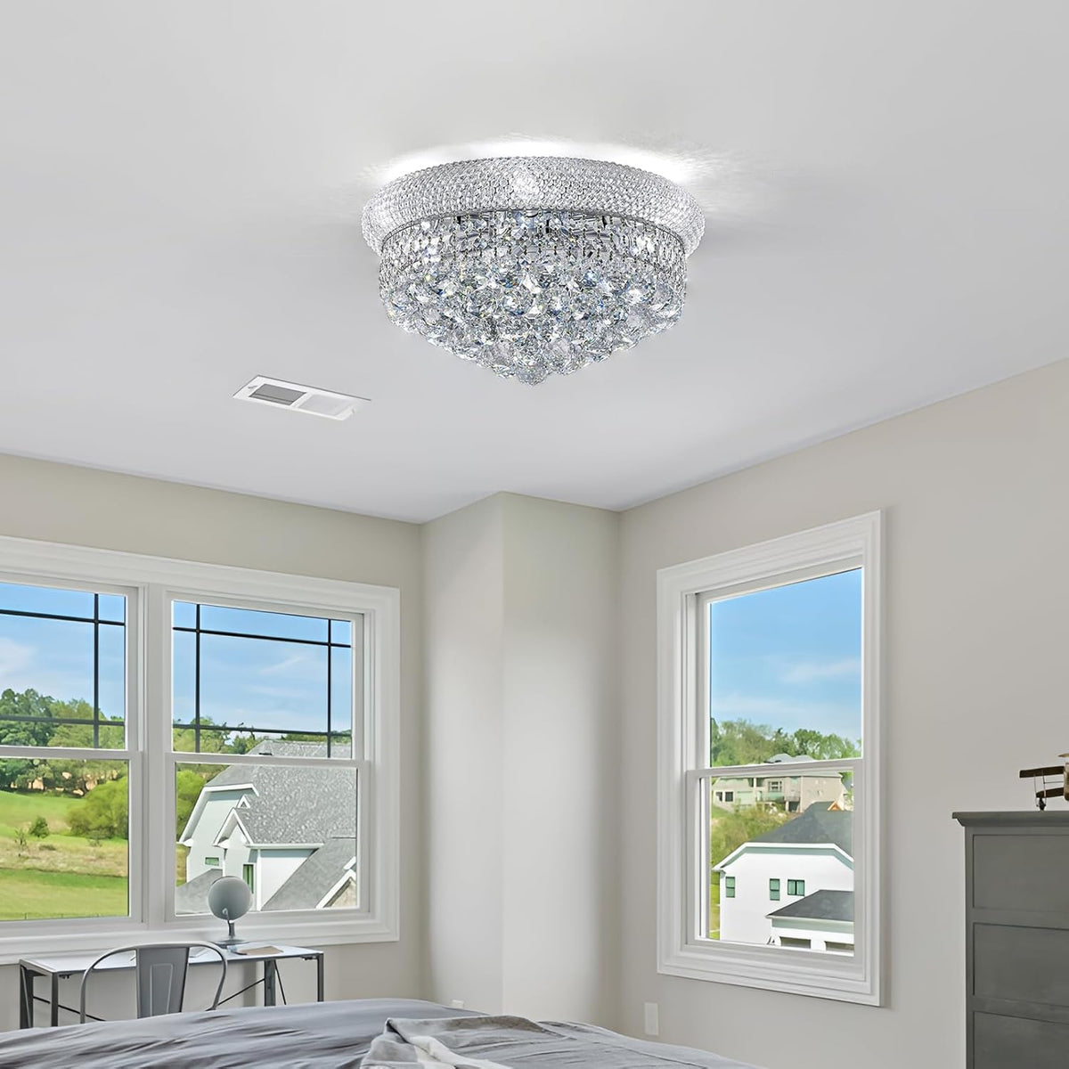 7-Light Crystal Flush Mount Chandelier Ceiling Light Fixture for Living Room Dining Room Bedroom Foyer Entryway Hallway Closet Bathroom (Chrome D18)