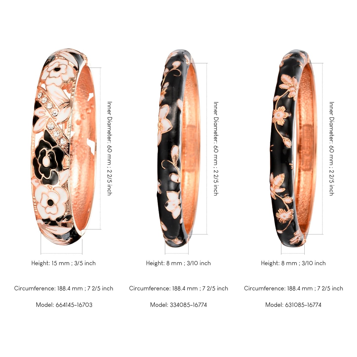 UJOY Womens Multi-Colors Cloisonne Bracelet Gold Plated Flower Hollowed Enameled Hinged Cuff Bangles Jewelry Gift 88C06-3PCS Black