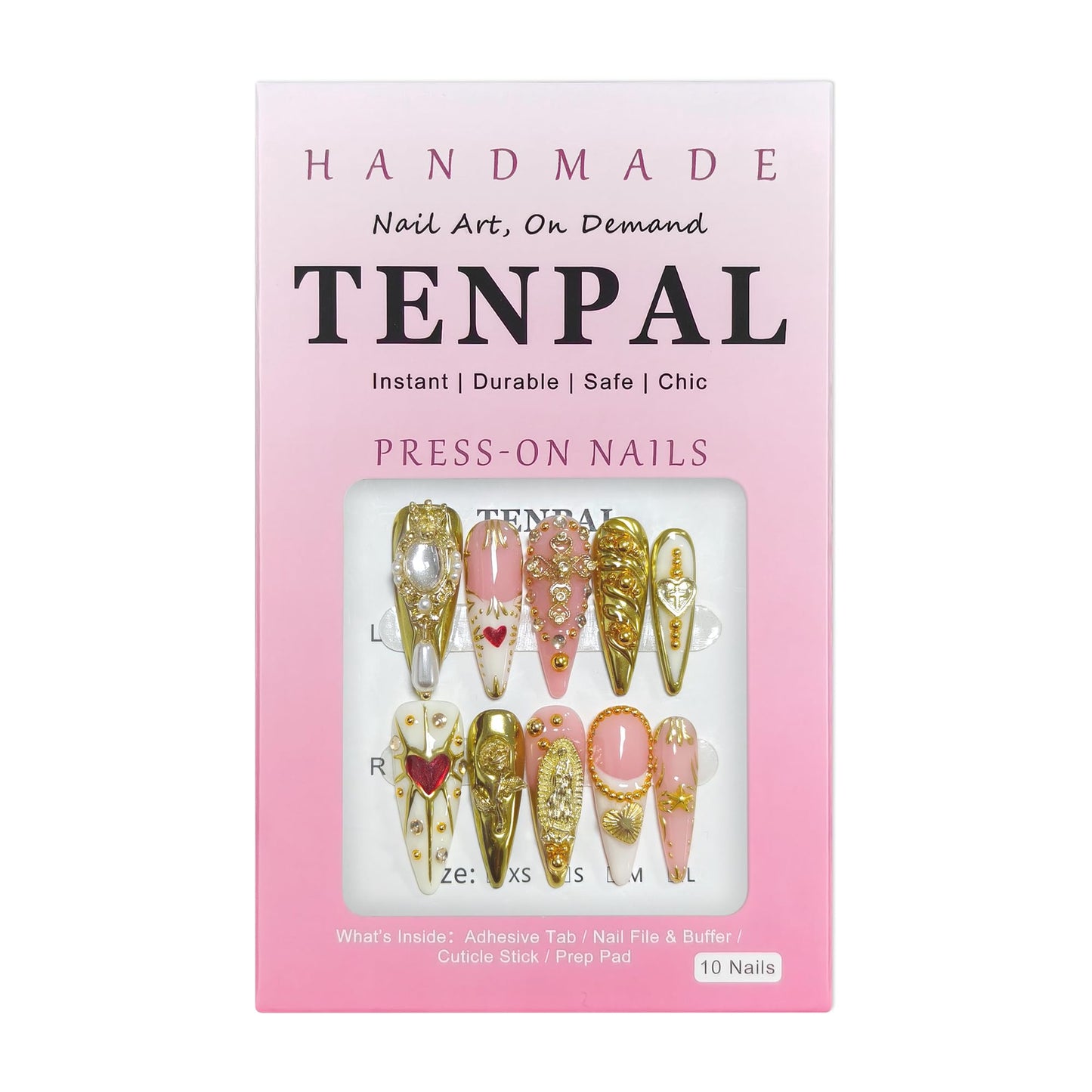 TENPAL 10Pcs Handmade Egyptian Press On Nails With Tools,Golden Palace Long Stiletto Glue on Nails,Glossy Sacred Rose & Cross Charms Fake Nails with Crystal Luxe,Acrylic Nails for Women Gifts(S)