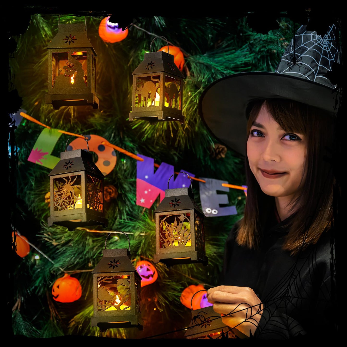 Tujoe 6 Pcs Halloween Mini Lantern with Flickering LED Candles 4.5 Inch Halloween Lantern Decoration Bulk Decorative Hanging Spooky Halloween Lanterns for Indoor Outdoor Party Halloween Decoration