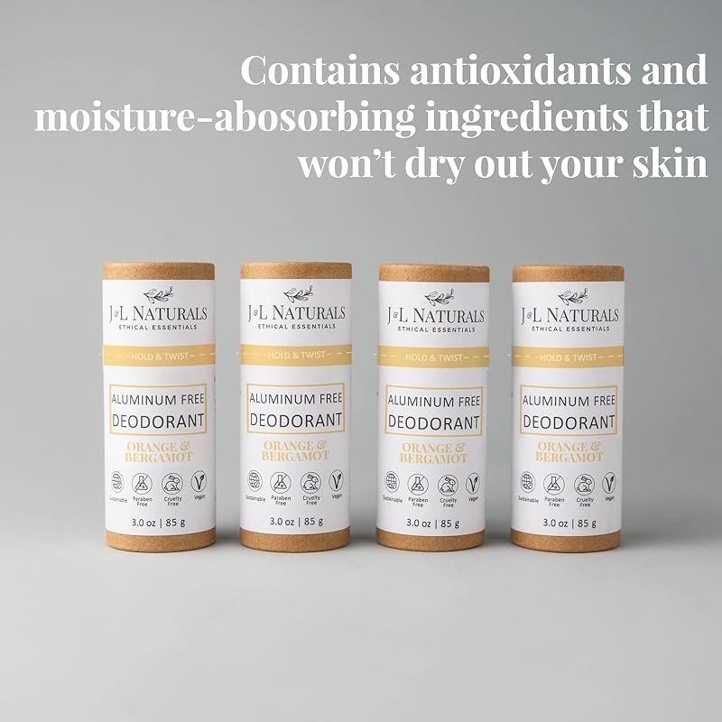 J&L Naturals Aluminum Free Deodorant for Men & Women | 100% Natural Ingredients With Coconut Oil, Shea Butter, & Essential Oils | Sustainable, Eco-Friendly (Orange & Bergamot, 3.0 Oz (Pack of 4))