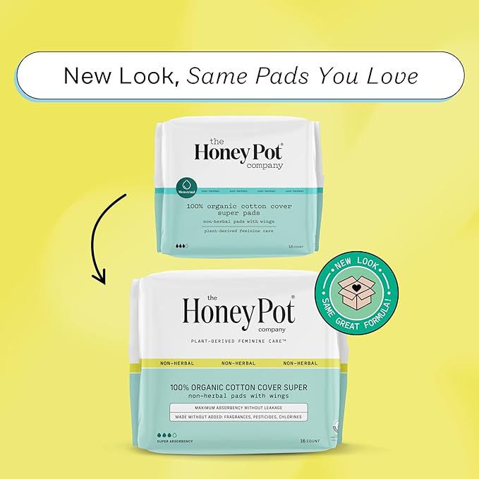 The Honey Pot Company - Sanitary Pads for Women - Non-Herbal Super w/Wings - Organic - Cotton Cover & Ultra-Absorbent Pulp Core - Feminine Care - FSA & HSA Eligible - 16 ct