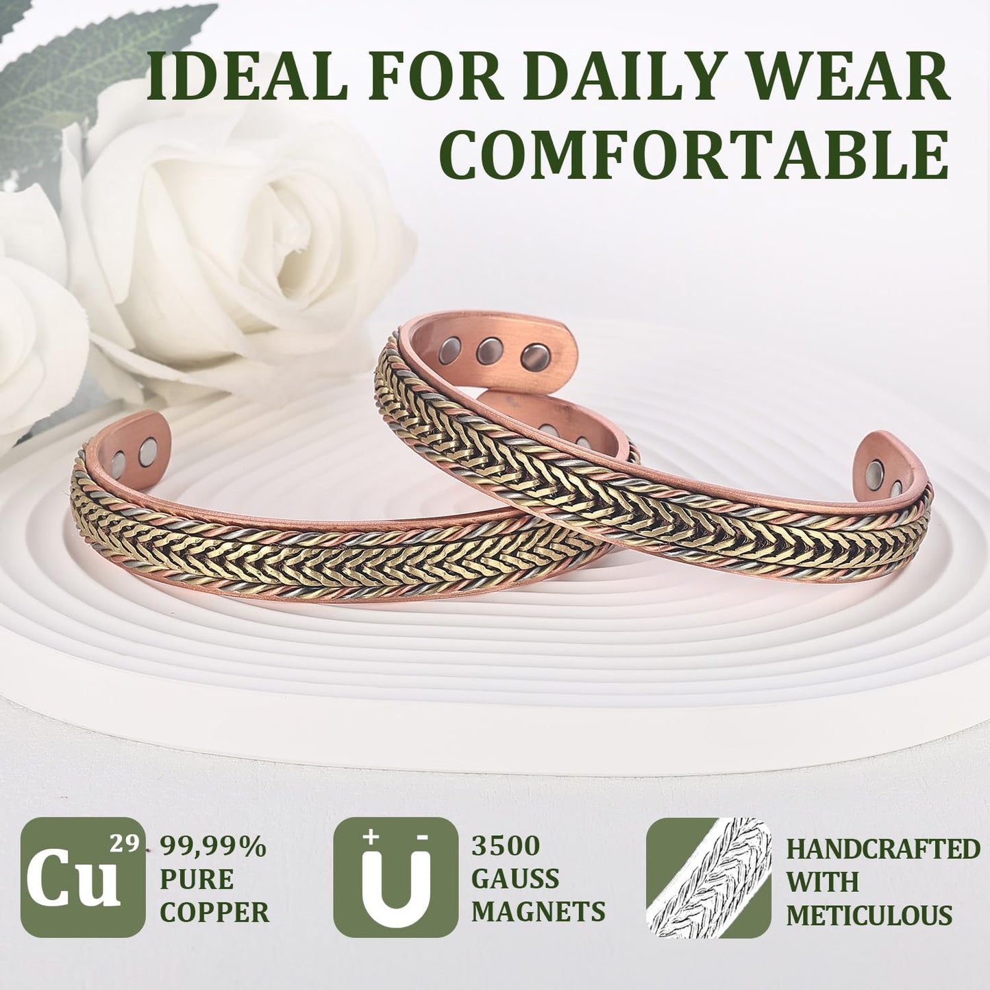 MagEnergy Handcrafted Copper Bracelets for Men Women, Magnetic Copper Cuff Bracelet with Triple Color Twisted Wire, Adjustable Bangle & Healthy Jewelry Gift