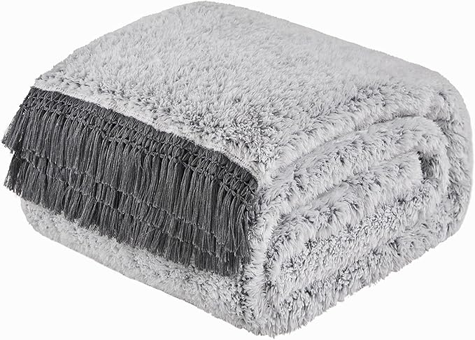 EMME Fuzzy Blanket Soft Fleece Throw Blankets for Women, Fluffy Sherpa Throws(Tassel Grey,50"x60")