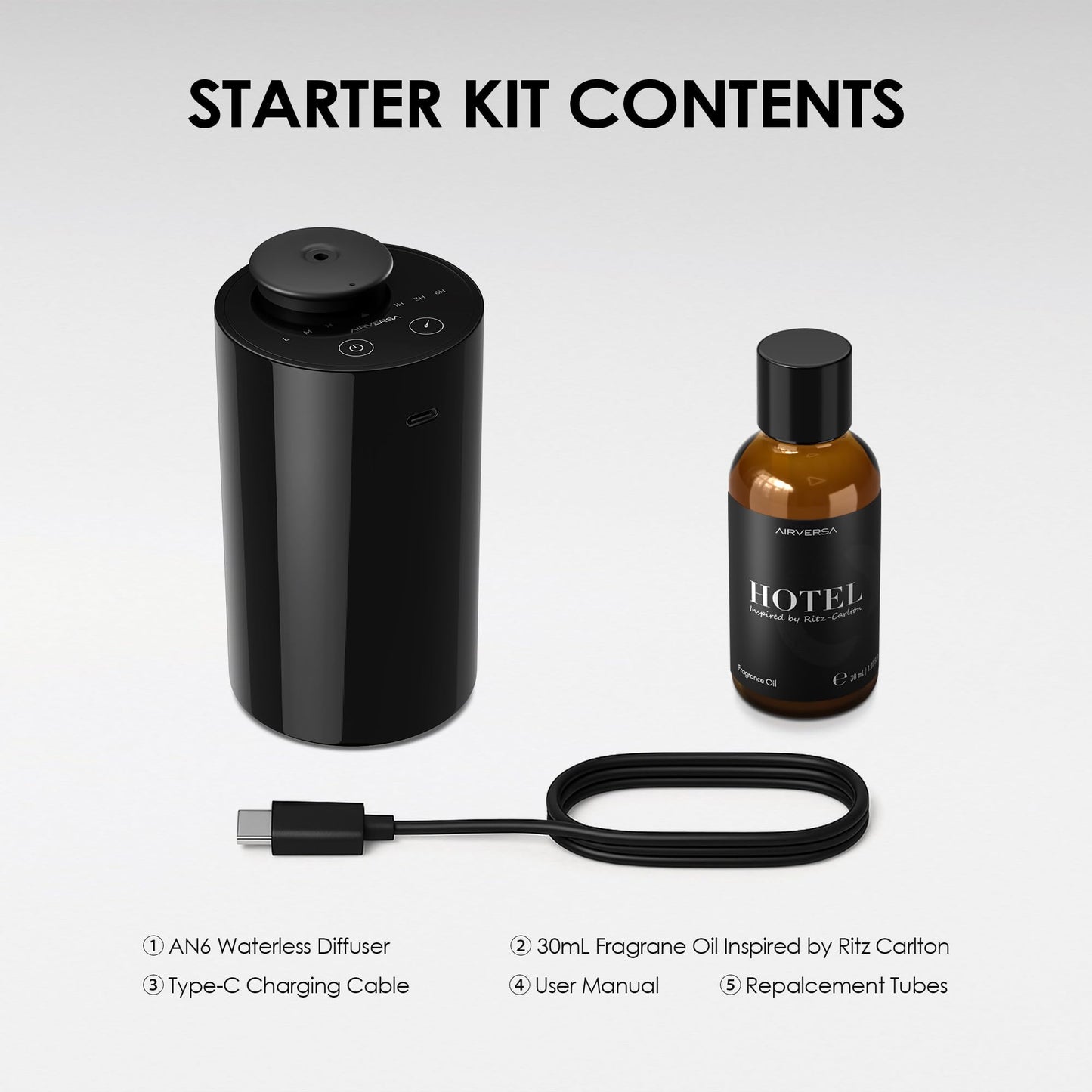 Waterless Essential Oil Diffuser Starter Kit with 30mL Hotel Scent Fragrance Oil Inspired by Ritz Carlton, Battery Operated Mini Scent Air Machine Portable Diffuser for Home Car Office, Black AN6