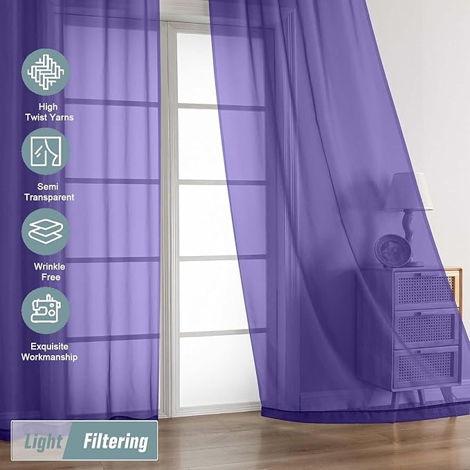 Purple Sheer Curtains for Window 96 Inches Long 2 Panels Set, Soft Airy Light Filtering Voile Sheer Curtains for Living Room Bedroom, Dual Rod Pocket Elegant Window Drapes, 2x42Wx96L Inches