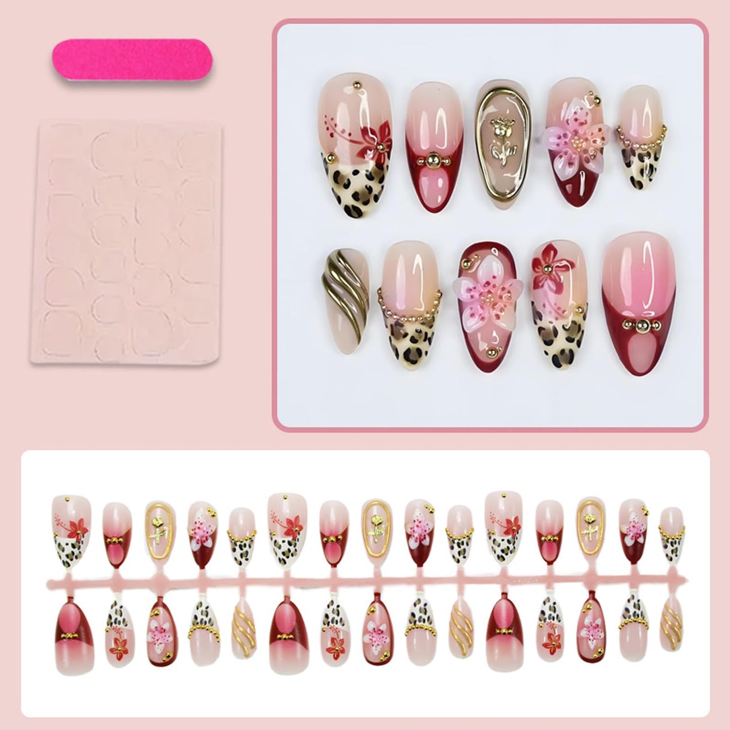 30Pcs French Tip Press on Nails Medium Almond Fake Nails with Gold Beads Rose Designs Flower False Nails Stick-on Nails French Almond Nail Tips Handmade Press on Artificial Manicure for Women Decor