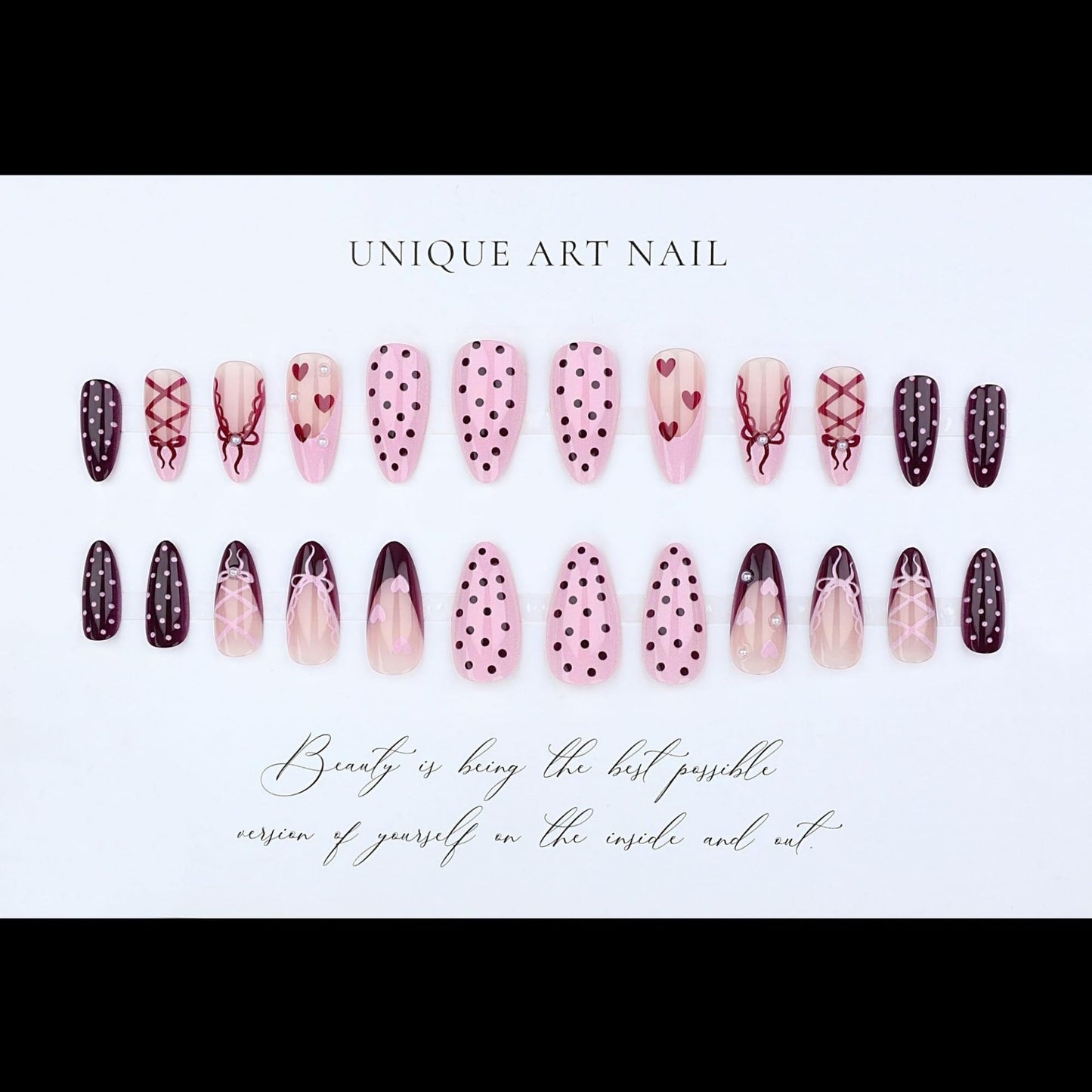 octoswave Press on Nails Medium Almond Fake Nails Cute French Artificial Nail Sweet Love and Bow Stick on Nail for Women 24pcs