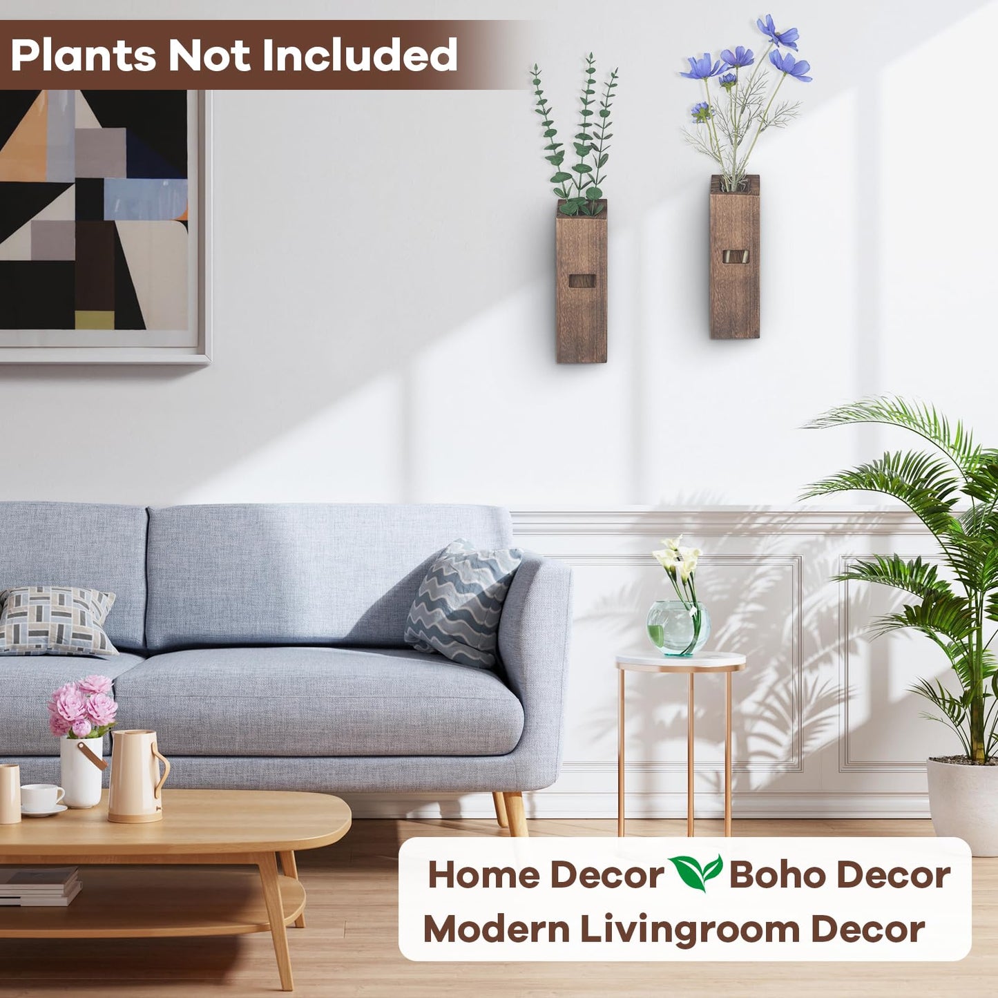 2 Pack Wood Wall Planter, Wall Decor Aesthetic for Living Room, Modern Farmhouse Entryway or Bathroom Decor, Unique Boho Vase for Holding Faux Greenery and Dried Flowers