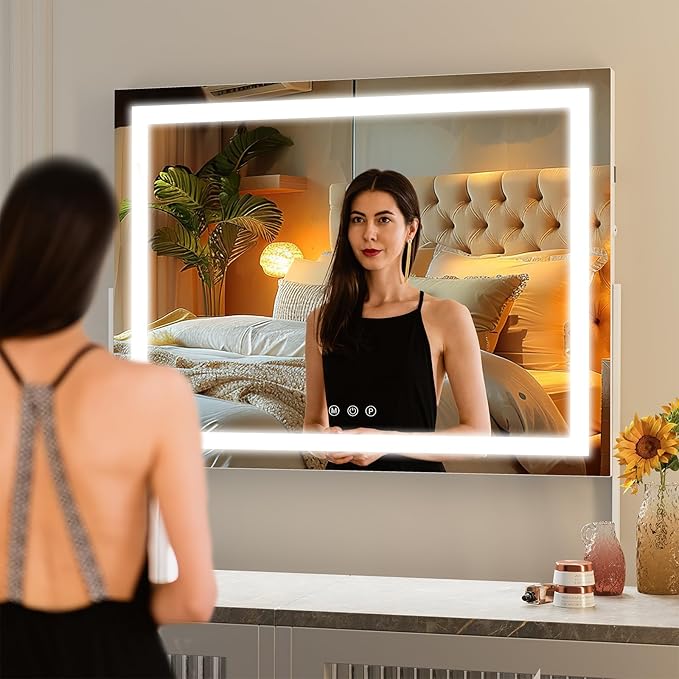 Hasipu Vanity Mirror with Lights, 25.6" x 21.3" LED Makeup Mirror, Light up Mirror with 10X Magnification and Phone Holder, USB Charging Port, Smart Touch 3 Colors Dimmable, 360° Rotation (White)
