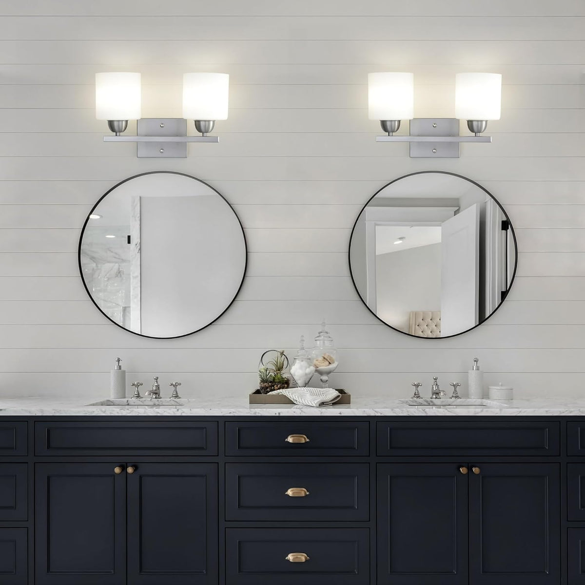 Stainless Steel Milk Glass Vanity Lights for Bathroom, 2 Light Brushed Nickel Bathroom Light Fixtures Over Mirror, Ceramic E26 Sockets Wall Mounted