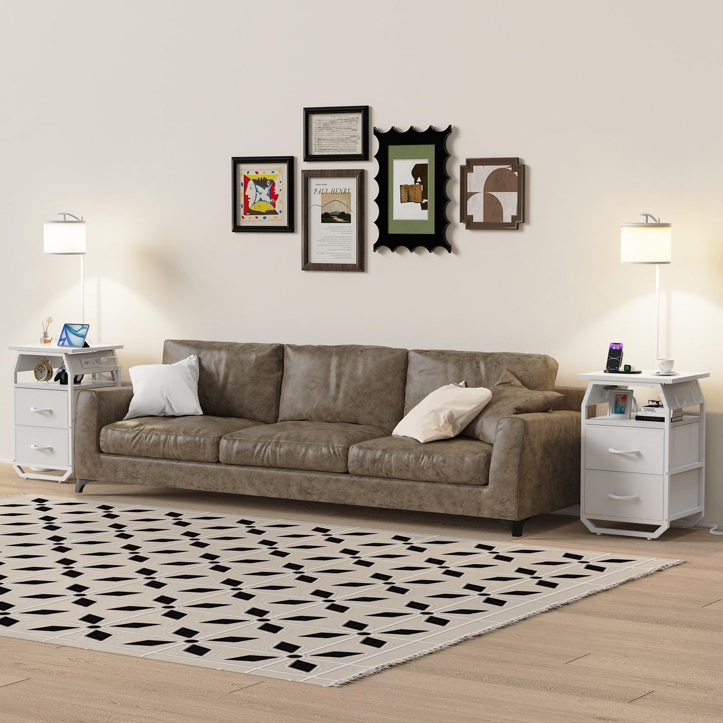 runjuly Floor Lamp with Table, End Tables with Lamps Attached 3-Color Temperature Bulb, Side Table with Lamp with 2 Drawers & Charging, Lamps Tables Combo for Bedroom, Dorm, Apartment - White